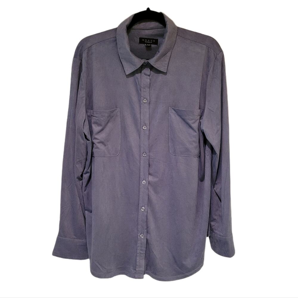 Grace The Perfect Fit Faux Leather Dusty Blue Shirt size XL